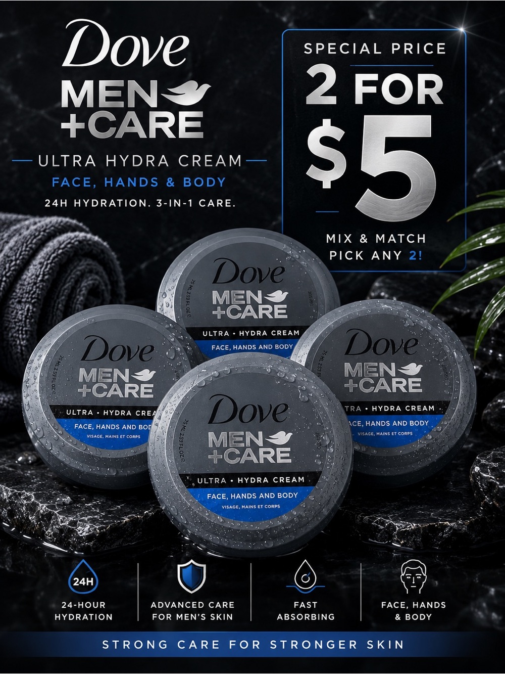 Dove Men+Care Ultra Hydra Cream – Face, Hands & Body | 2 for $5